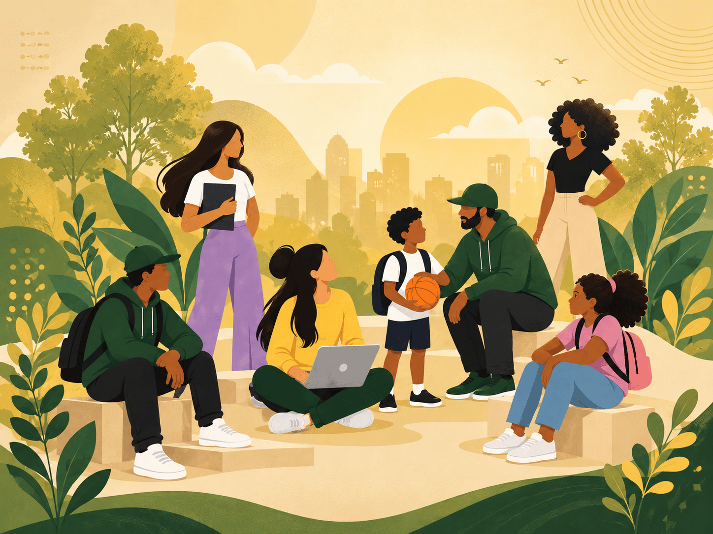 An illustrated multigenerational community gathered for mentorship, learning, and connection